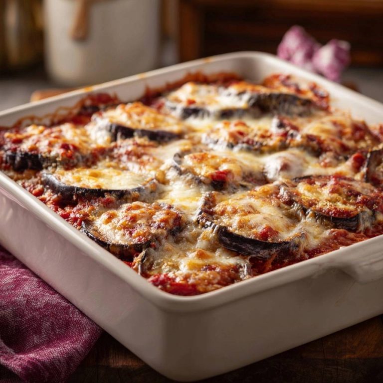 Klassische Auberginen Parmigiana im weißen Keramik-Auflauf, mit geschmolzenem Käse überbacken und Tomatensauce.
