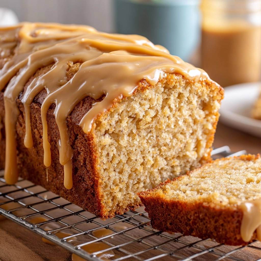 Saftiges Bananenbrot mit gesalzener Karamell-Fudge-Glasur, angeschnitten und auf einem Kuchengitter präsentiert mit Glasur-Tropfen.