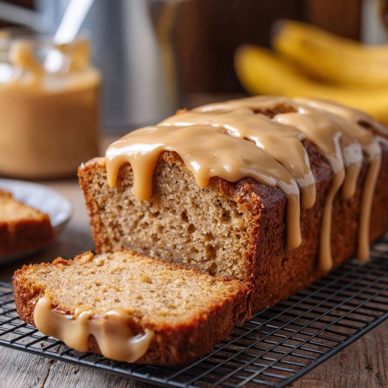 Saftiges Bananenbrot mit gesalzener Karamell-Fudge-Glasur, angeschnitten auf einem Gitterrost mit Glasur, die heruntertropft.