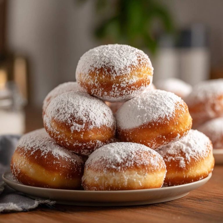Berliner Krapfen sind ein klassisches Gebäck, das hier in einem Haufen mit Puderzucker bestäubt auf einem Teller präsentiert wird.