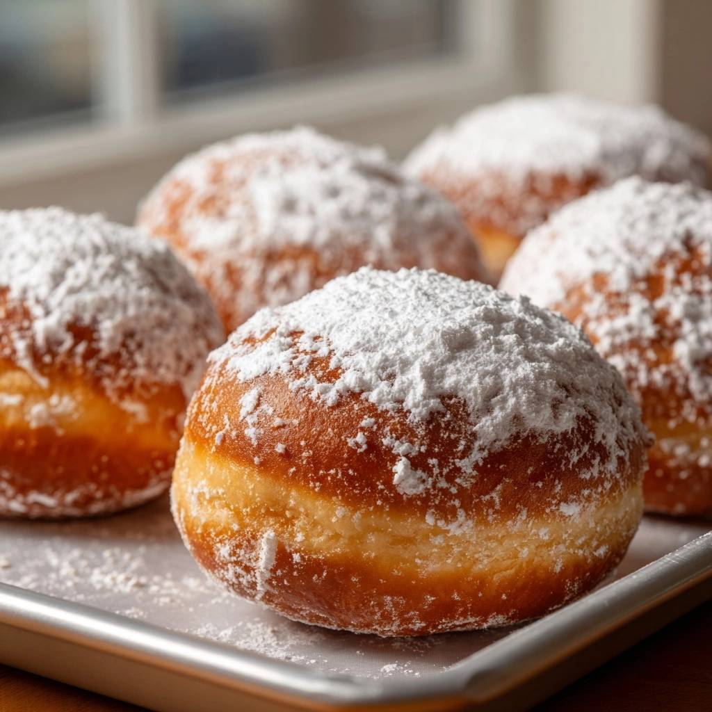 Berliner Krapfen mit Puderzucker bestäubt, eine Nahaufnahme der fluffigen Oberfläche und des goldbraunen Teigs.
