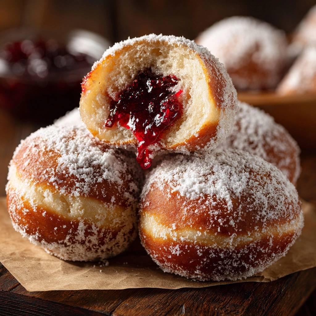 Berliner Mit Beerenmarmelade Angeschnitten Mit Auslaufender 1 Berliner mit Beerenmarmelade angeschnitten, wobei die süße Marmeladenfüllung ausläuft und die weiche Konsistenz des Gebäcks zeigt.