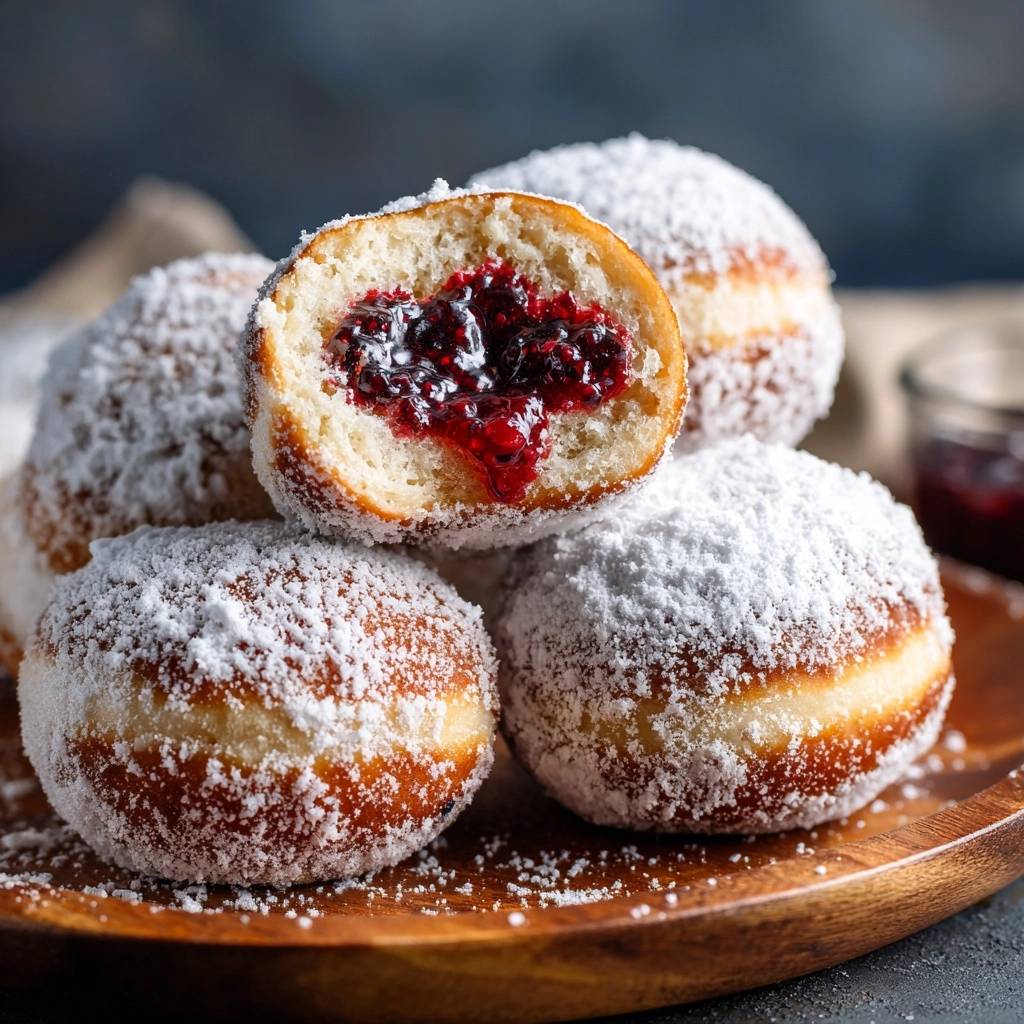 Berliner mit Beerenmarmelade, angeschnitten mit sichtbarer Marmeladenfüllung und Puderzucker bestäubt.