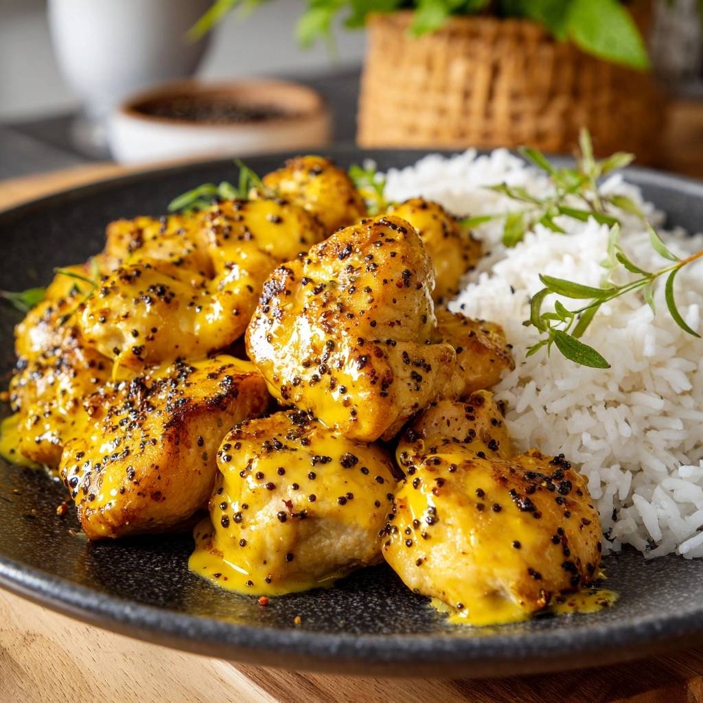 Knuspriger Blumenkohl-Curry mit Basmatireis, Nahaufnahme der saftigen Blumenkohlröschen mit Senfsauce und Reis.