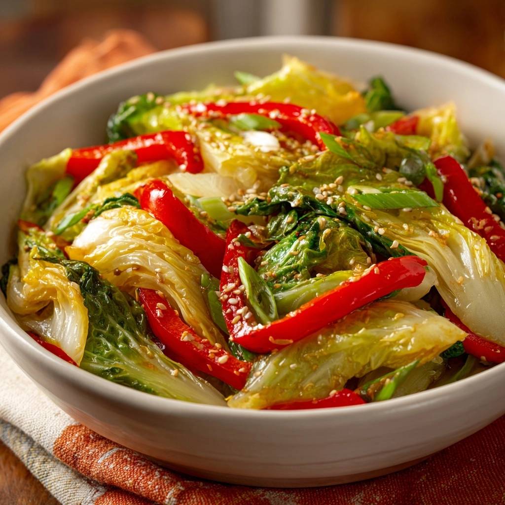 Knackiger Bok-Choy-Paprika-Wok mit Sesam, Nahaufnahme der frischen Zutaten und der leuchtenden Farben