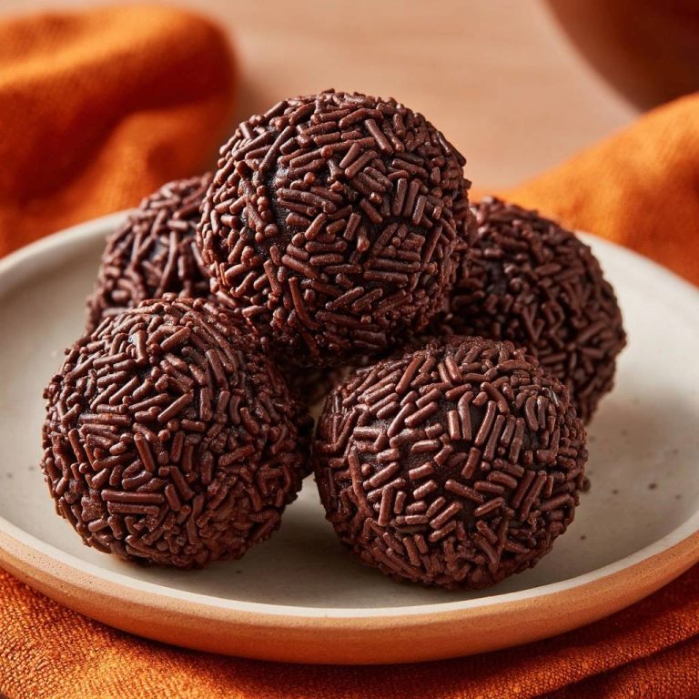 Brasilianische Brigadeiros mit dichter Schicht aus Schokoladenstreuseln, nahaufnahme auf einem Teller.