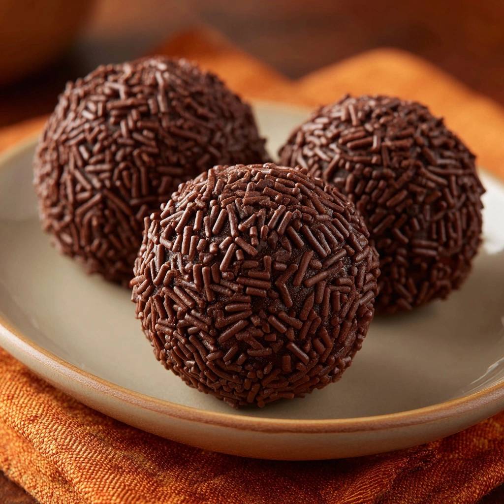 Brasilianische Brigadeiros Nahaufnahme Drei 1 Brasilianische Brigadeiros sind schokoladige Kugeln, die in Schokostreuseln gewälzt und auf einem Teller arrangiert sind.