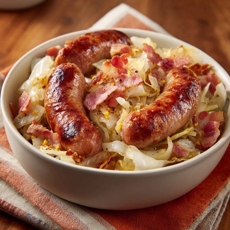 Deftige Bratwurstpfanne auf Schmorkohl, nah aufgenommen und in einer Schüssel serviert mit Speck und Gewürzen.