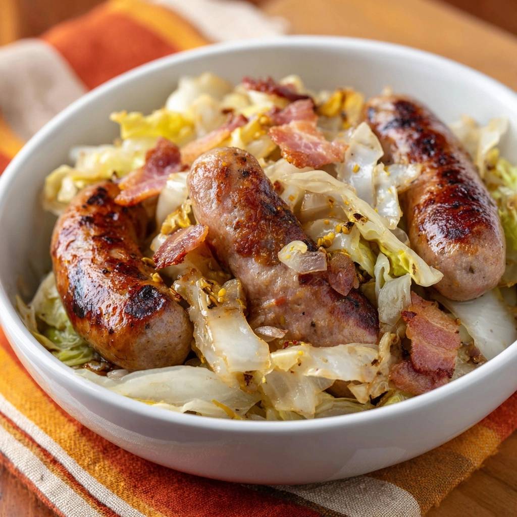Bratwurstpfanne Schmorkohl Naheinstellung Wurst Speck 1 Deftige Bratwurstpfanne auf Schmorkohl mit Speck und Senfkörnern in einer weißen Schüssel, Nahaufnahme der gebratenen Würste.