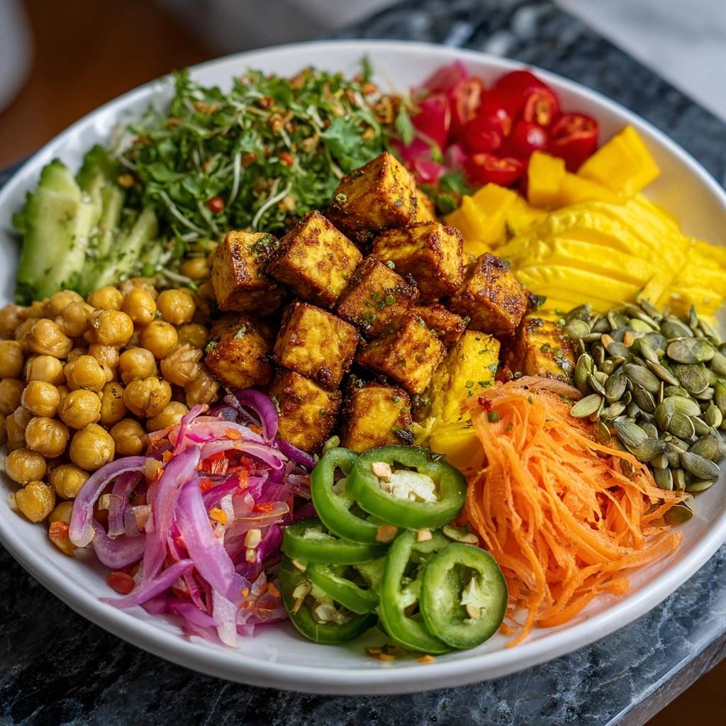 Bunte Regenbogen-Bowl mit Tofu, Nahaufnahme der verschiedenen bunten Zutaten wie Kichererbsen und Mango.