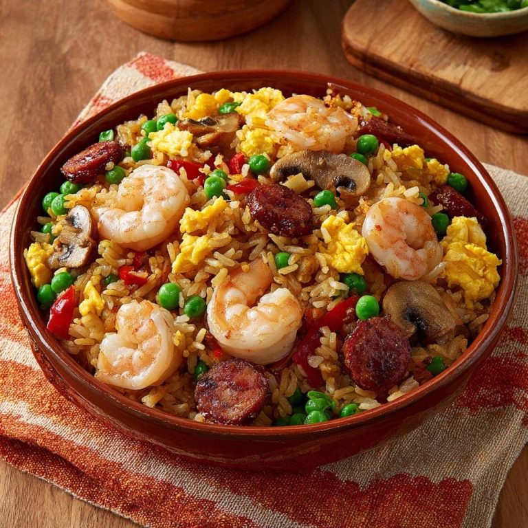 Bunte Reispfanne mit Garnelen und Rinder-Chorizo in Nahaufnahme mit Erbsen, Pilzen und Ei