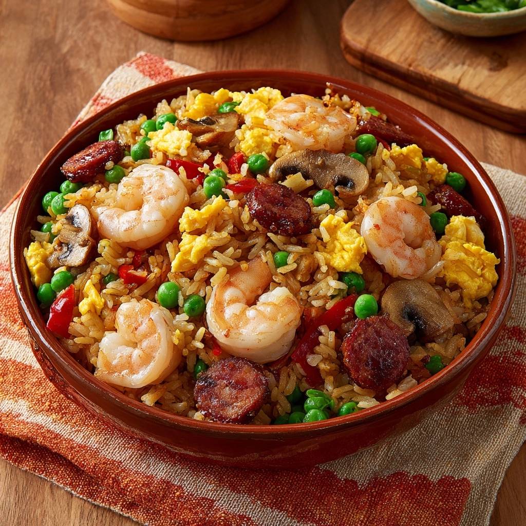 Bunte Reispfanne mit Garnelen und Rinder-Chorizo in Nahaufnahme mit Erbsen, Pilzen und Ei