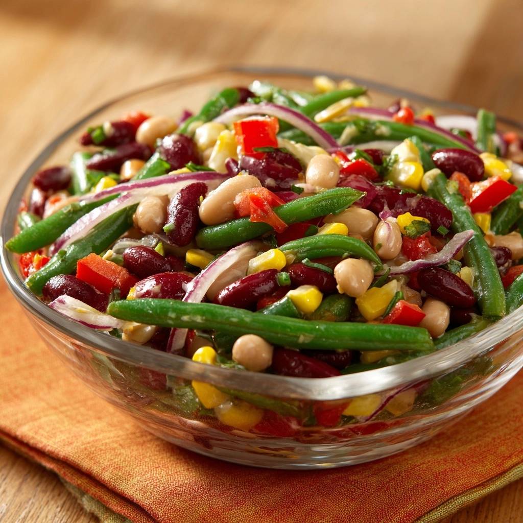 Bunter Drei-Bohnen-Salat in einer Glasschüssel, Nahaufnahme der knackigen Zutaten und roten Zwiebeln.