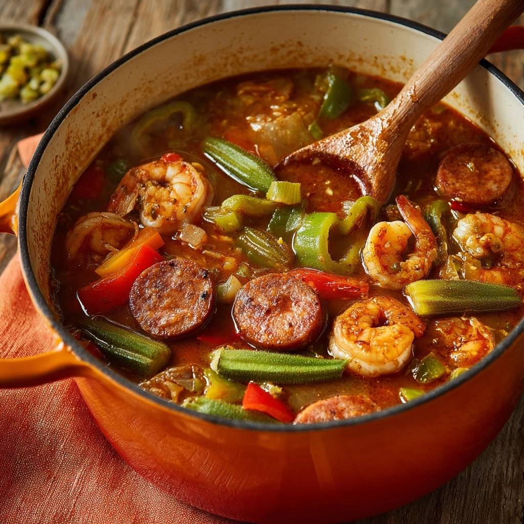 Cajun Garnelen-Gumbo wird in einem orangefarbenen Topf mit Garnelen, Wurst und Okra serviert, Nahaufnahme des Inhalts.
