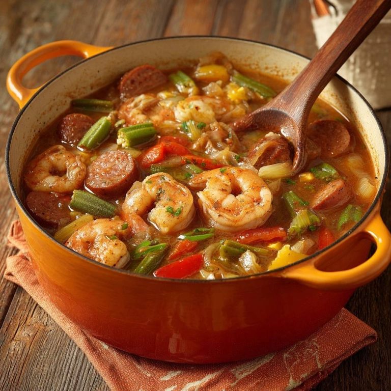 Cajun Garnelen-Gumbo in einem orangefarbenen Topf mit Garnelen, Wurst und Okra, nahaufnahme
