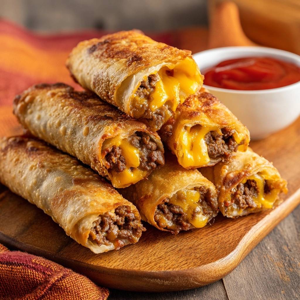 Cheeseburger Rollen Innenansicht Kaese Fleisch 1 Knusprige Cheeseburger-Rollen mit geschmolzenem Käse und saftigem Hackfleisch, die im Anschnitt gezeigt werden.