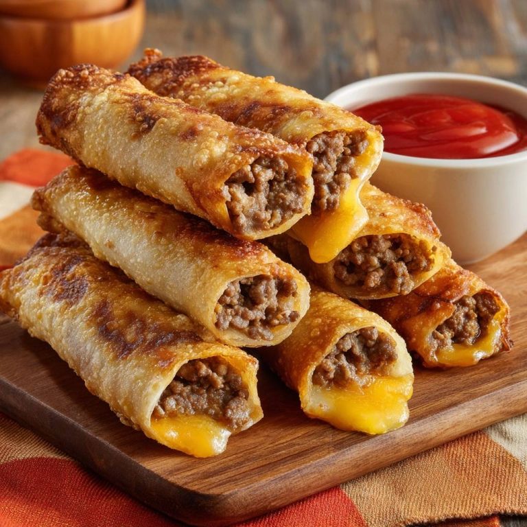 Knusprige Cheeseburger-Rollen mit geschmolzenem Käse im Inneren, serviert auf einem Holzbrett mit Ketchup.