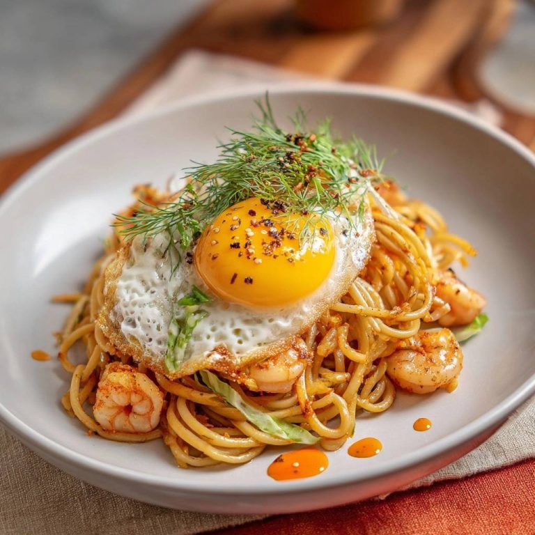 Chili-Garnelen-Pasta mit Knusper-Ei, garniert mit Dill und Gewürzen, auf einem Teller serviert.