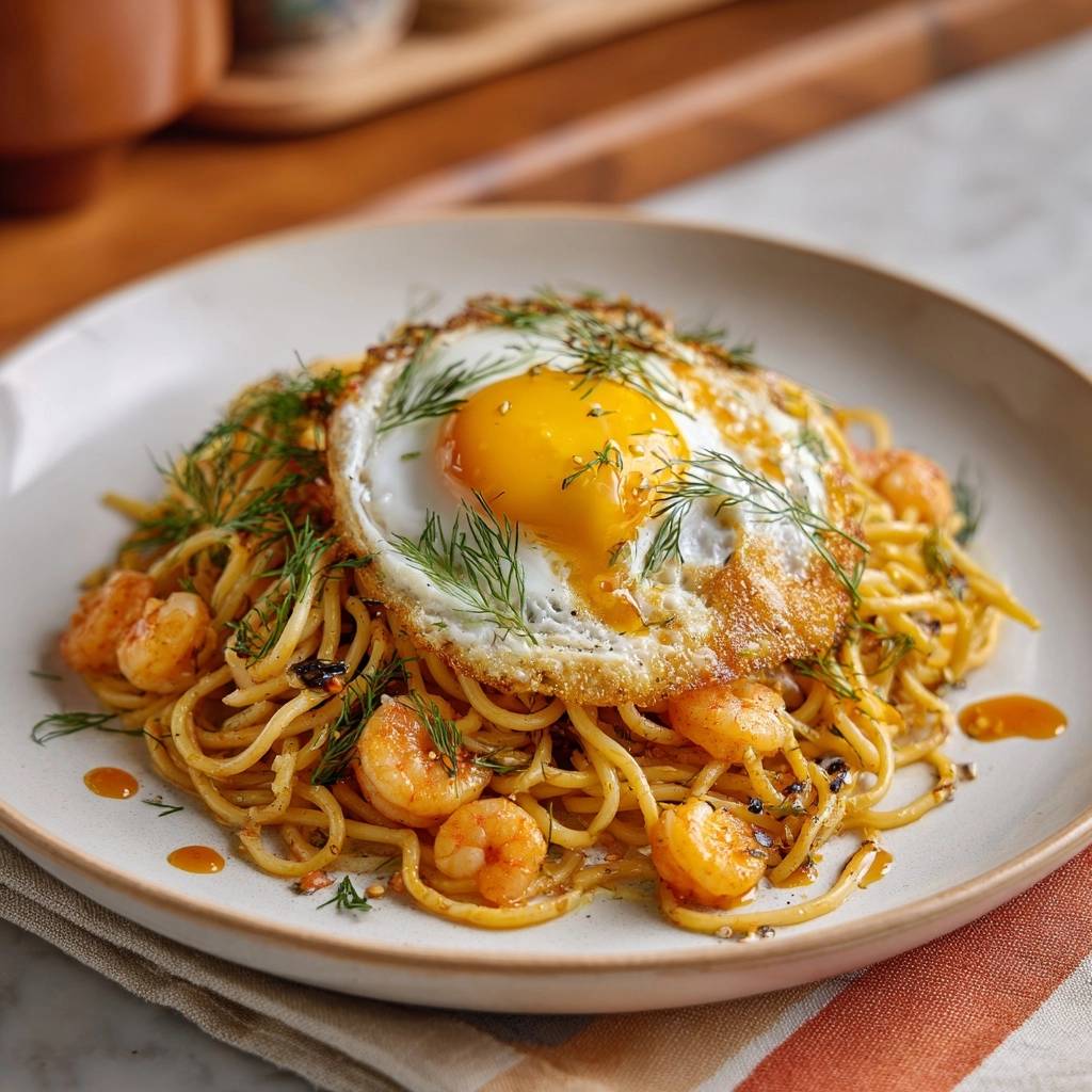 Chili Garnelen Pasta Knusper Ei Serviert Teller 1 Chili-Garnelen-Pasta mit Knusper-Ei, ein einzelnes Gericht serviert auf einem Teller mit Dill garniert.