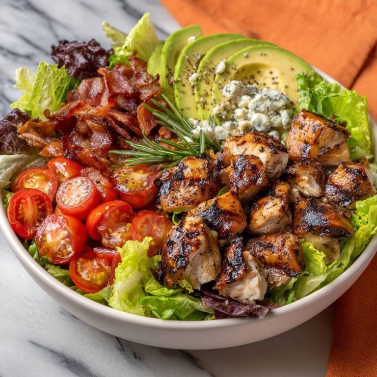 Herzhafter Cobb Salad mit Grillhähnchen, garniert mit Rosmarin, Avocado und Blauschimmelkäse.