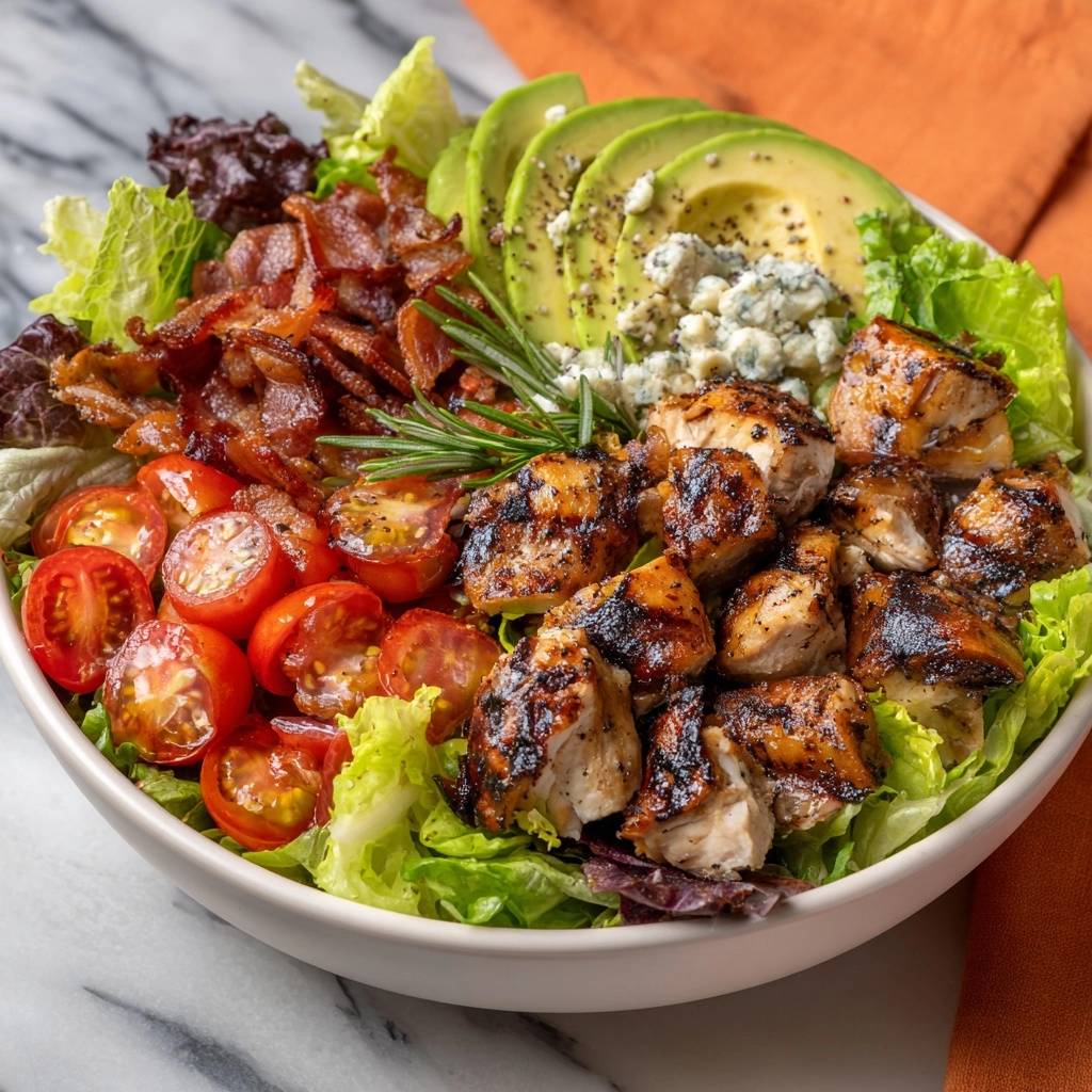 Herzhafter Cobb Salad mit Grillhähnchen, garniert mit Rosmarin, Avocado und Blauschimmelkäse.