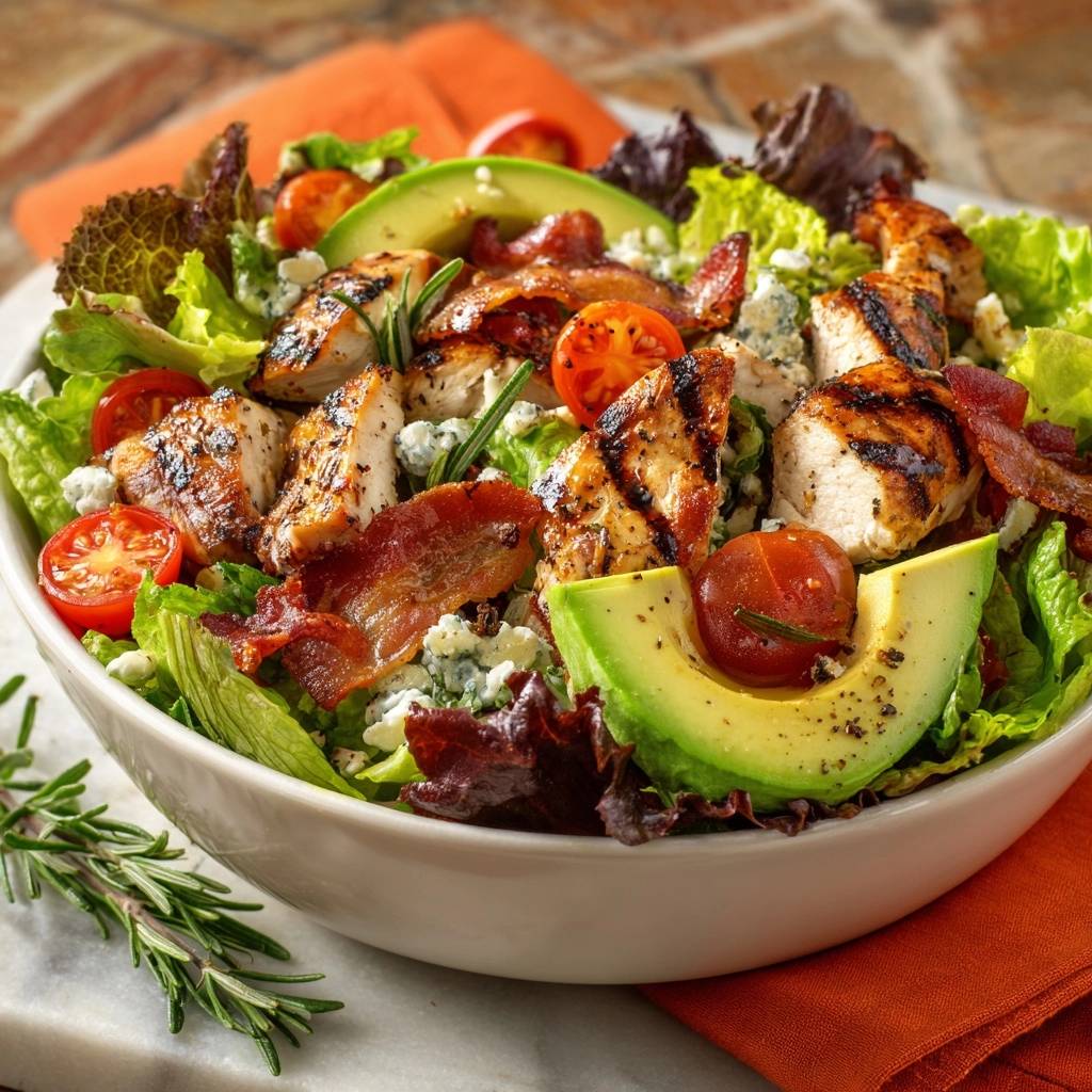 Cobb Salat Mit Grillhaenchen Nahaufnahme 1 Herzhafter Cobb Salat mit Grillhähnchen, serviert in einer Schüssel mit Avocado, Speck und Blauschimmelkäse, Nahaufnahme.