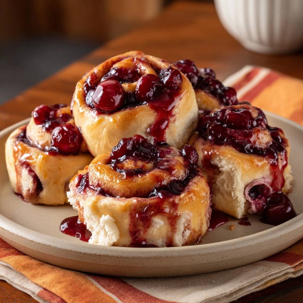 Cranberry-Zimtschnecken mit Kirschglasur, eine Nahaufnahme zeigt die saftige Füllung und Textur der süßen Gebäcke.