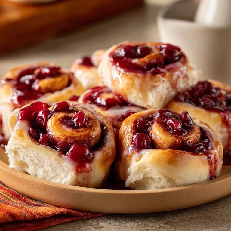 Cranberry-Zimtschnecken mit saftigem Kirschtopping und dicker Glasur, nah aufgenommen auf einem Teller.