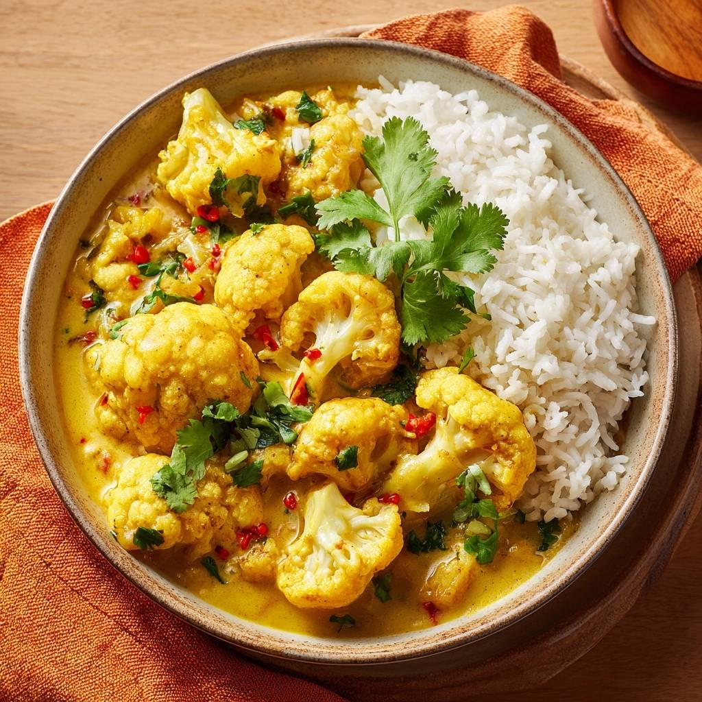 Cremig Blumenkohl Curry Detail Garnitur 1 Cremiges Blumenkohl-Curry mit Reis, garniert mit frischem Koriander und roten Chilis, detailreiche Ansicht.