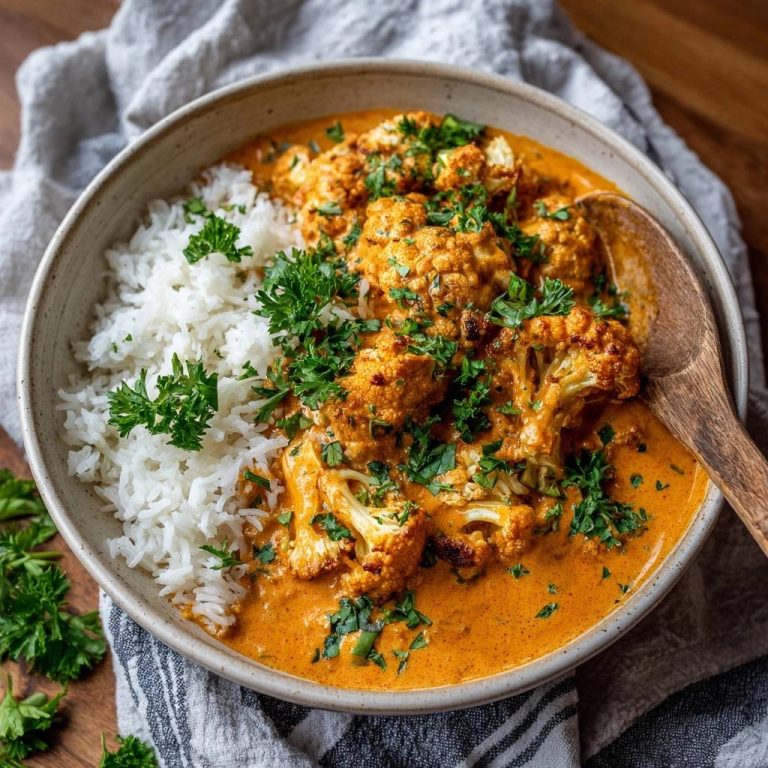 Cremiges Blumenkohl-Curry mit Reis in einer Schüssel, serviert mit einem Holzkochlöffel und garniert mit Petersilie.