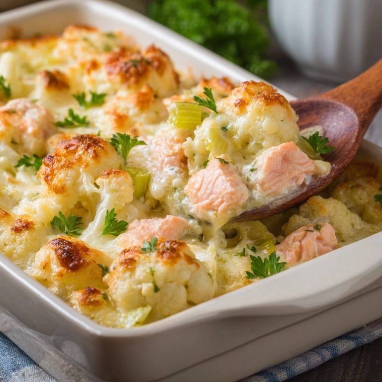 Cremiger Blumenkohl-Lachs-Auflauf wird mit einem hölzernen Löffel aus einer Auflaufform geschöpft, garniert mit Petersilie.