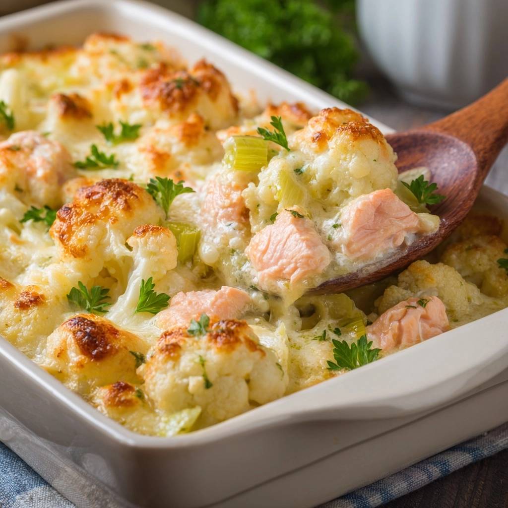 Cremiger Blumenkohl-Lachs-Auflauf wird mit einem hölzernen Löffel aus einer Auflaufform geschöpft, garniert mit Petersilie.
