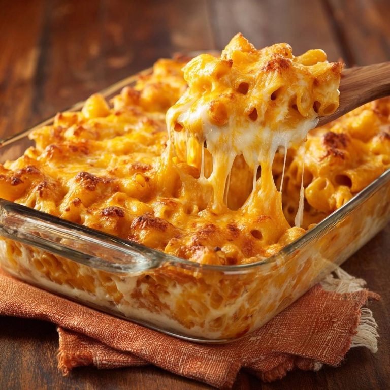 Cremiges gebackenes Mac and Cheese mit geschmolzenem Käse, der von einem Holzlöffel herunterhängt, frisch aus dem Ofen.