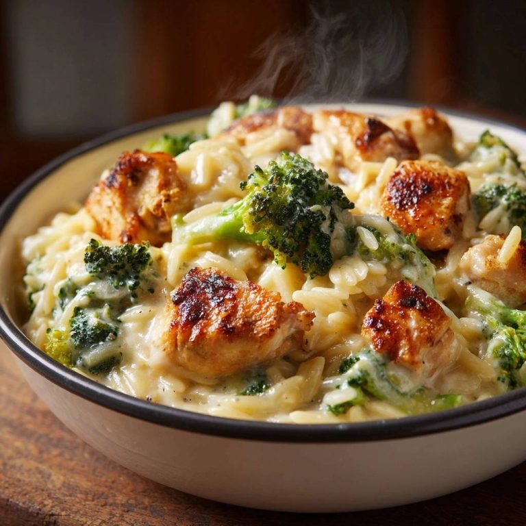 Cremiger Hähnchen-Brokkoli-Orzo, eine Nahaufnahme von dampfendem, cremigem Orzorisotto mit Hähnchenstücken und Brokkoli.