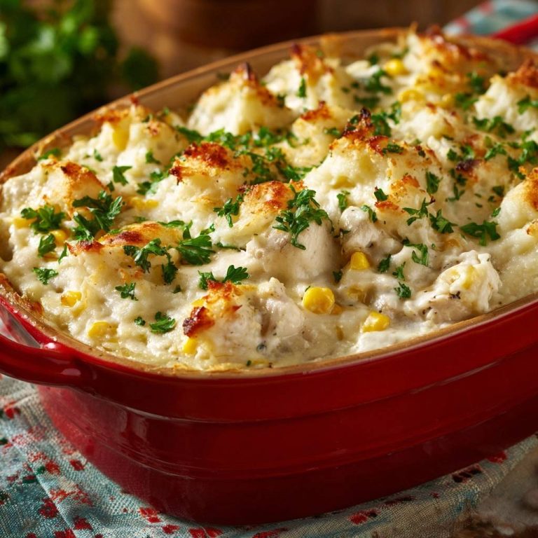 Cremiger Hähnchen-Mais-Auflauf mit Petersiliengarnitur, Nahaufnahme der goldbraunen Kartoffeldecke und Maisfüllung.