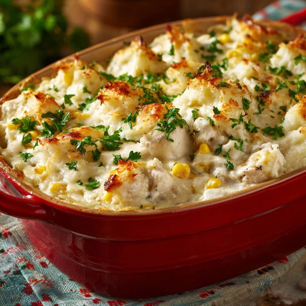 Cremiger Hähnchen-Mais-Auflauf mit Petersiliengarnitur, Nahaufnahme der goldbraunen Kartoffeldecke und Maisfüllung.