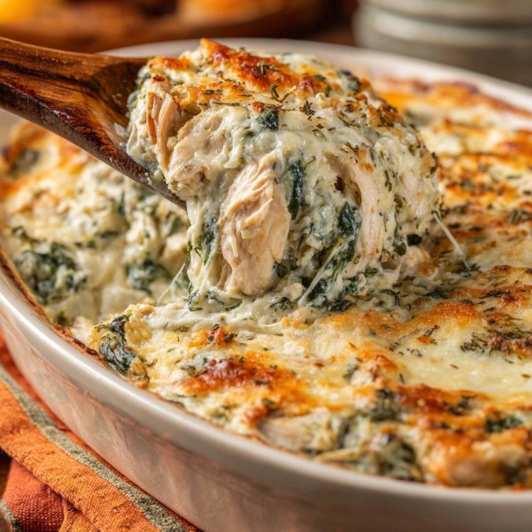 Cremiger Hähnchen-Spinat-Auflauf serviert mit einem Holzloeffel, der eine Portion heraushebt.