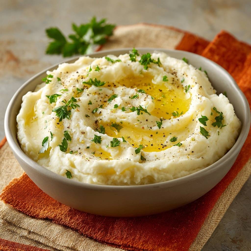 Cremig Kartoffelpree Garniert Mit Butter Und Krutern 1 Cremiges Kartoffelpüree mit Butter und frischen Kräutern garniert, bereit zum Servieren.