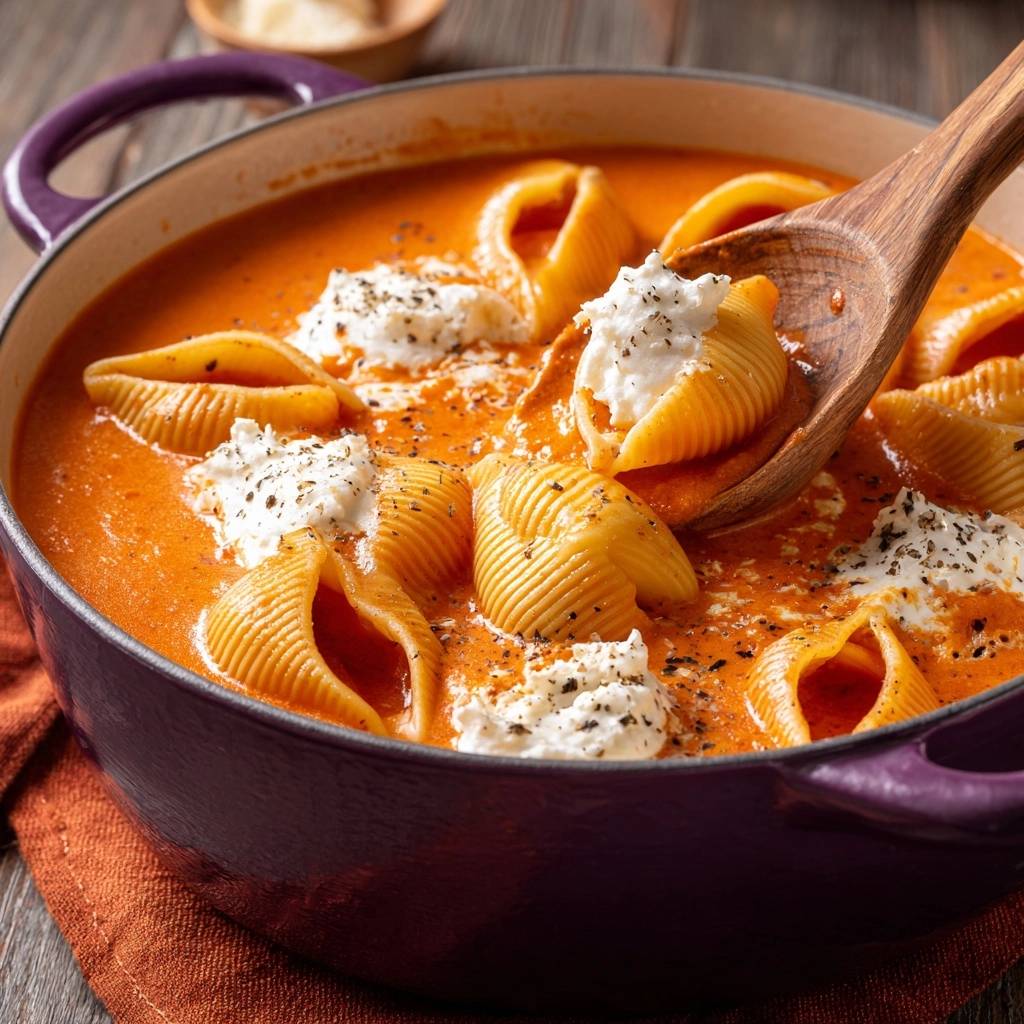 Cremig Kuerbis Conchiglie Mit Feta Nahaufnahme Holzloeffel 1 Cremige Kürbis-Conchiglie mit Feta, nah aufgenommen mit einem Holzkochlöffel, der eine gefüllte Nudel heraushebt.