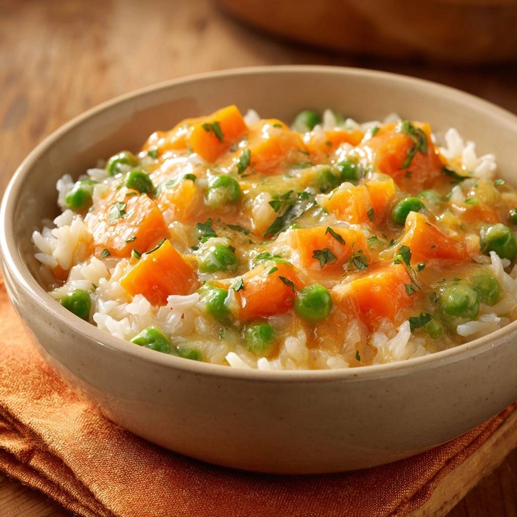 Cremiges Kürbis-Erbsen-Curry mit Reis, serviert in einer Schüssel mit Nahaufnahme der Zutaten und Garnitur.