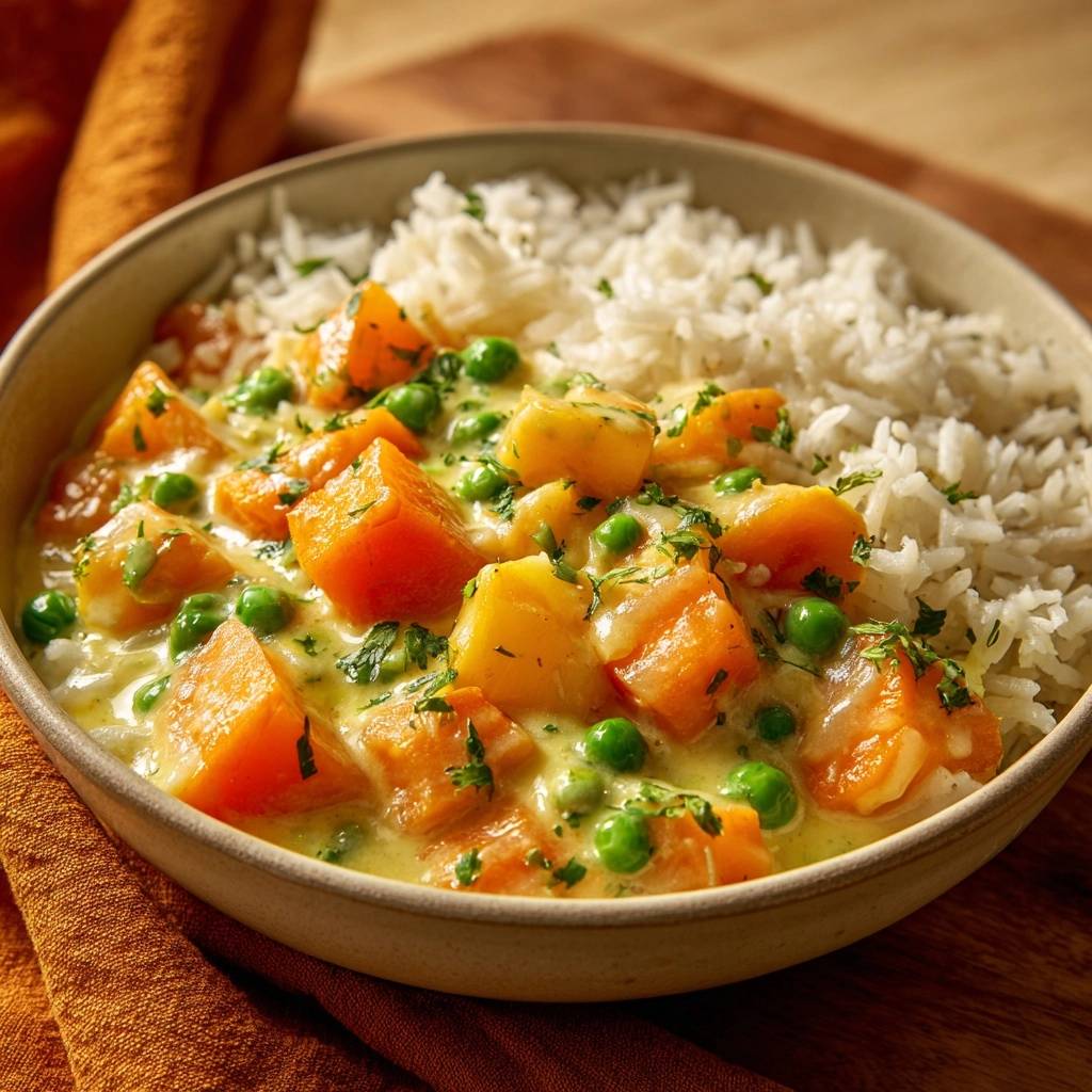 Cremiges Kürbis-Erbsen-Curry mit Reis als Nahaufnahme in einer Schüssel, garniert mit Petersilie.