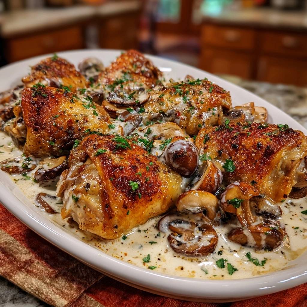 Cremig Pilz Huhn Pfanne Nahaufnahme Sauce 1 Cremiges Pilz-Hähnchen aus der Pfanne, nahaufnahme der knusprigen Hähnchenteile mit Pilzen in cremiger Sauce.