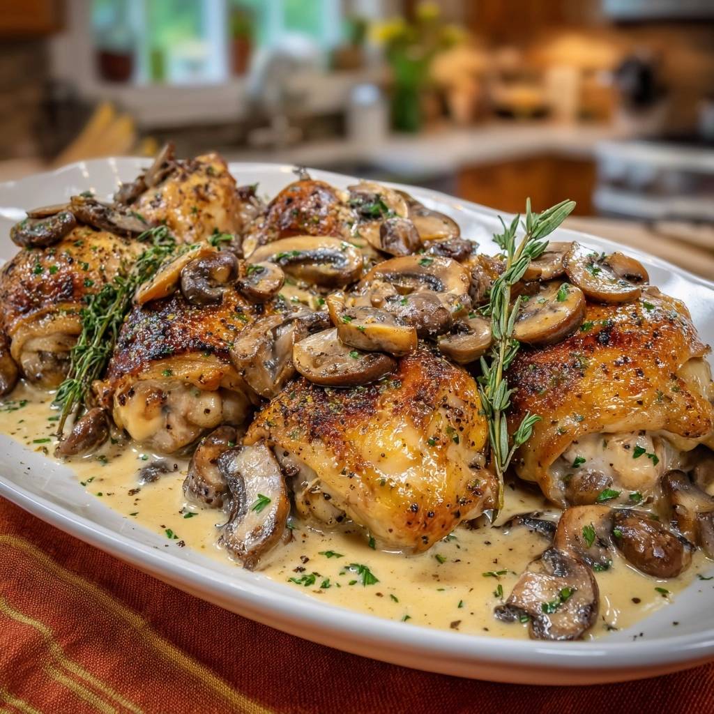 Cremiges Pilz-Hähnchen aus der Pfanne, außen knusprig, mit Champignons und Sauce auf einer Platte serviert