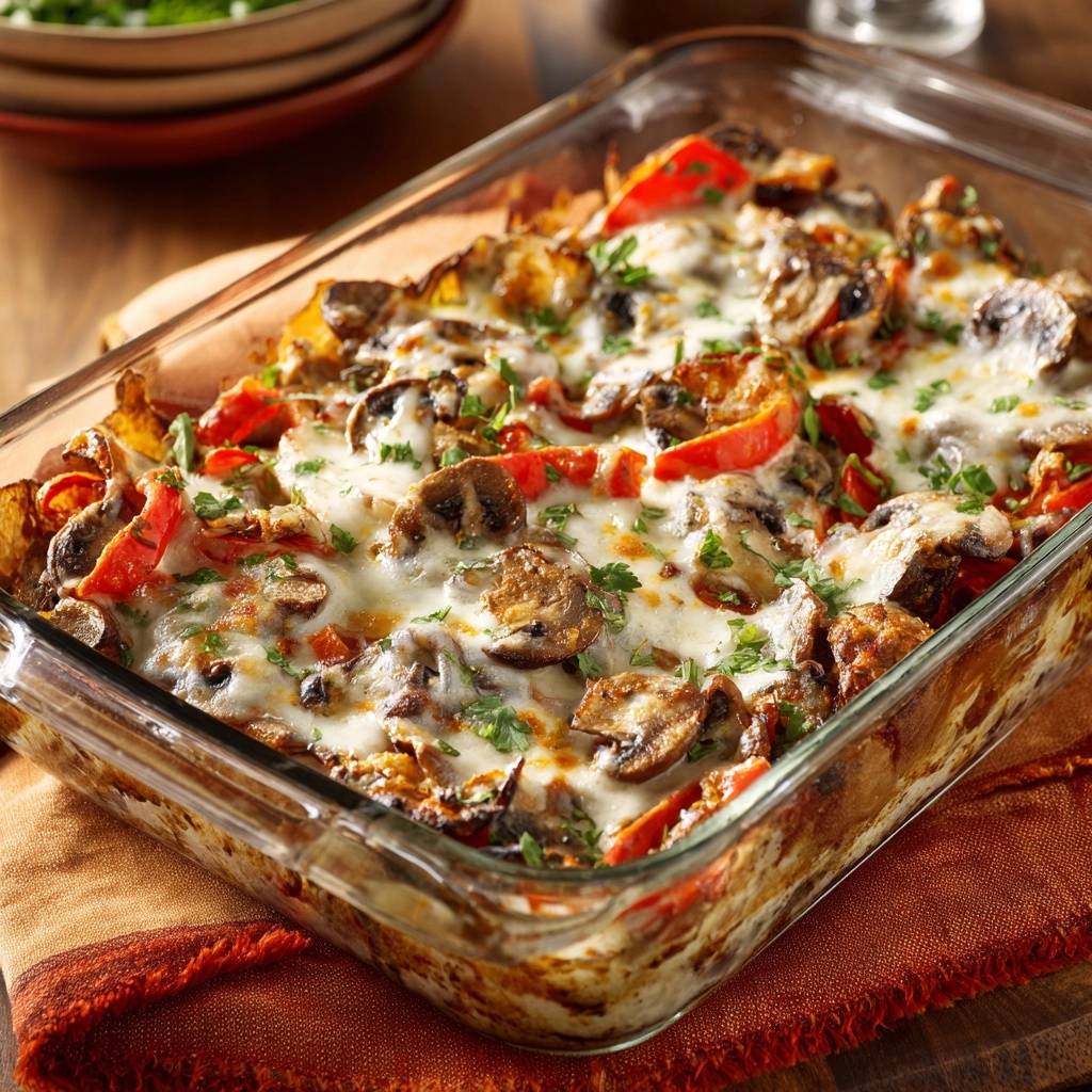Cremig Pilz Paprika Auflauf Nahaufnahme Geschmolzener Kaese 1 Cremiger Pilz-Paprika-Auflauf mit geschmolzenem Käse und frischen Kräutern, nahaufnahme des herzhaften Gerichts