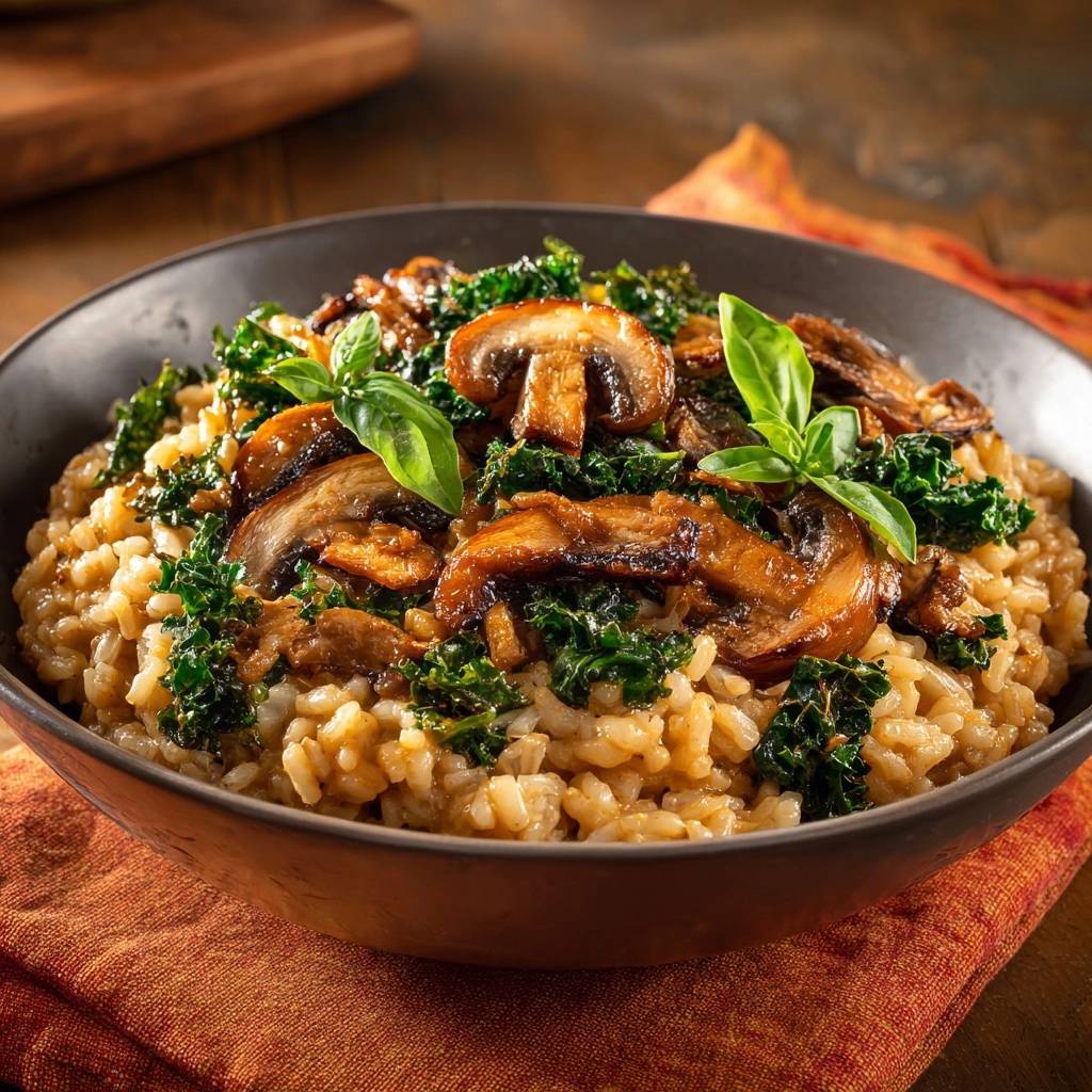 Cremig Pilz Risotto Mit Grnkohl Nahaufnahme 1 Cremiges Pilz-Risotto mit Grünkohl, eine Nahaufnahme mit Fokus auf die Pilzscheiben und frischen Kräutern.