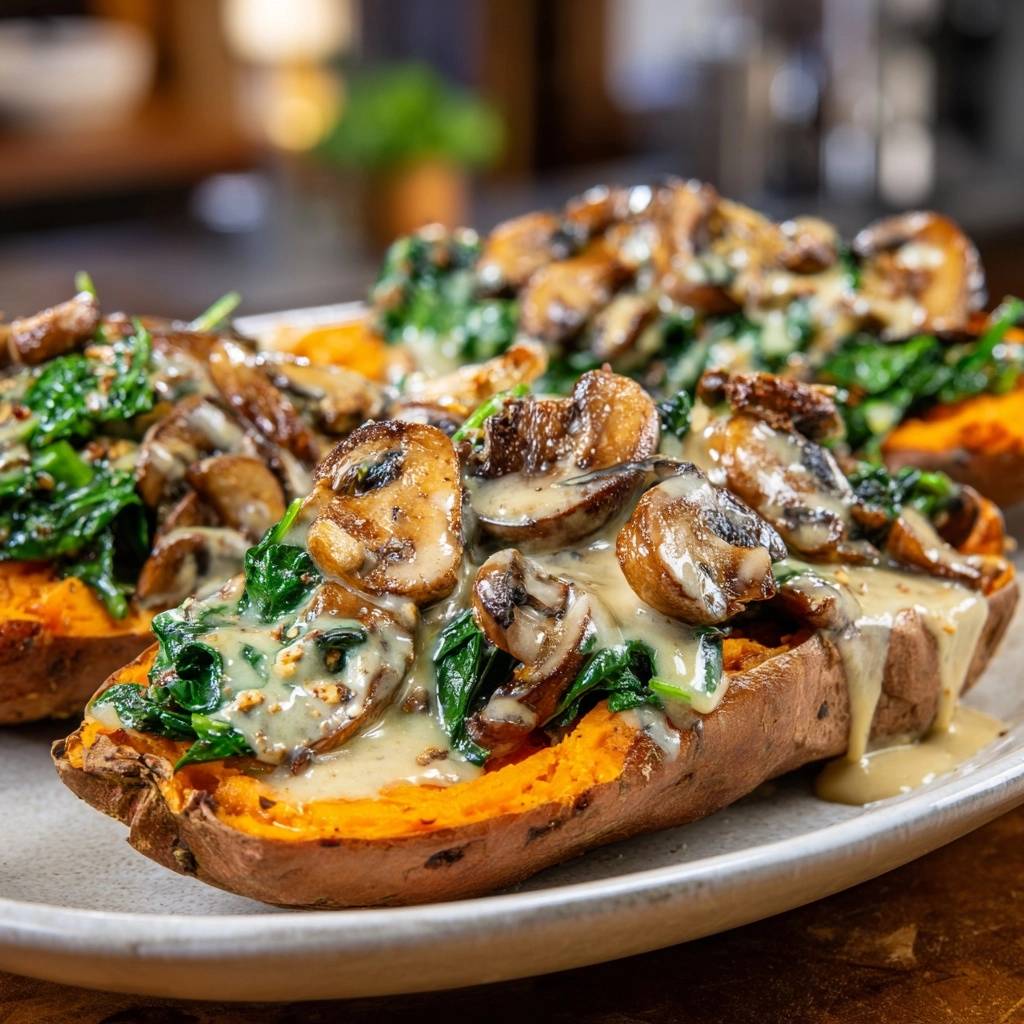 Cremig Pilz Spinat Suesskartoffeln Nahaufnahme 1 Cremige Pilz-Spinat-Süßkartoffeln, nahaufnahme der gefüllten Süßkartoffelhälften mit Pilzen und Spinat.