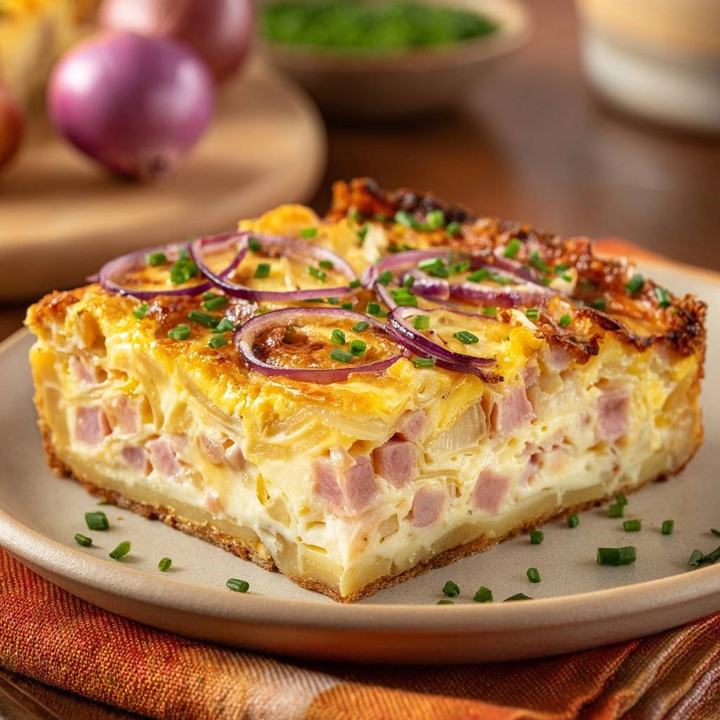 Cremiger Puten-Nudelauflauf als angeschnittenes Stück auf einem Teller, mit roten Zwiebeln und Schnittlauch garniert.