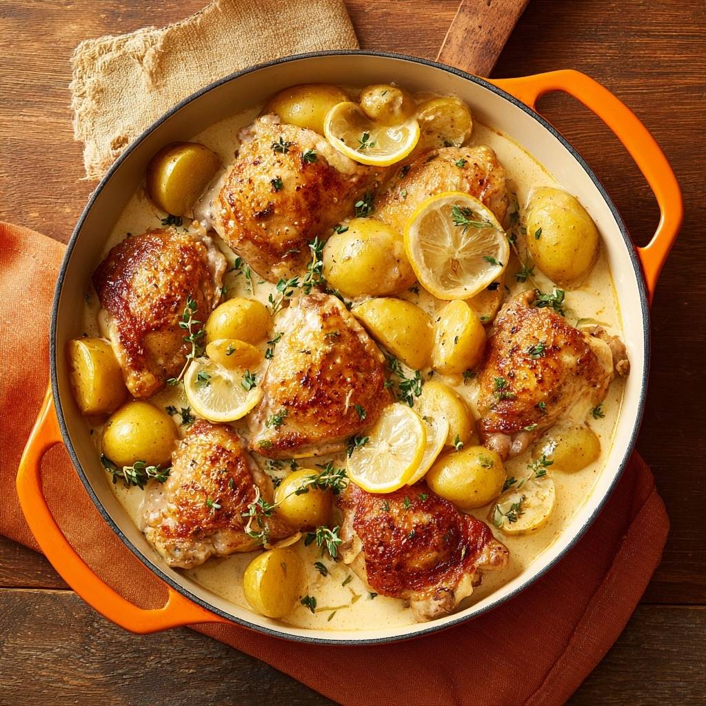Cremiges Zitronen-Hähnchen mit Babykartoffeln im Gusseisentopf von oben mit Zitronenscheiben und Kräutern garniert.