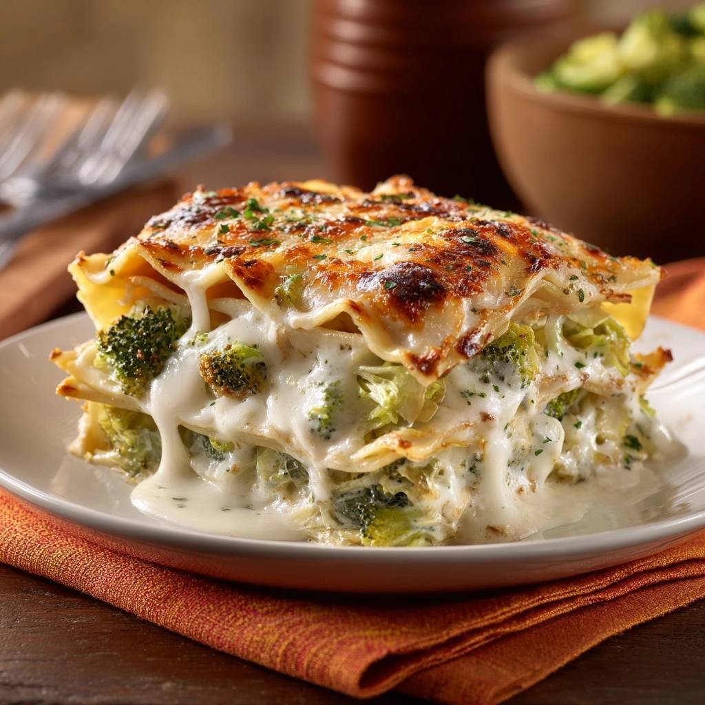Cremige Brokkoli Lasagne Innenansicht 1 Cremige Brokkoli-Lasagne als Anschnitt mit geschmolzenem Käse und frischer Petersilie garniert