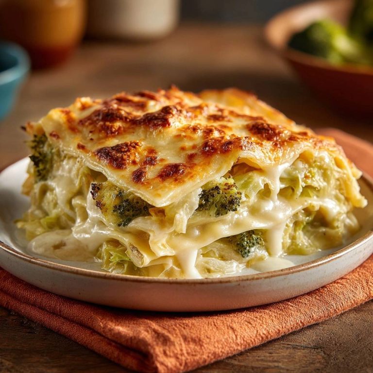 Cremige Brokkoli-Lasagne im Anschnitt mit geschmolzenem Käse und Nudelplatten, nahaufnahme